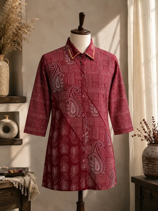 Women’s-Poly-Muslin-Printed-Shirt-|-Wine-Burgundy-Paisley-&-Geometric-Print-|-Collared-Button-Down-Shirt-|-3-4-Sleeve