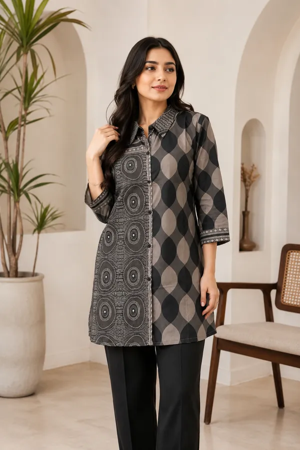 Women’s-Poly-Muslin-Printed-Shirt-|-Charcoal-Black-&-Dove-Grey-Geometric-Print-|-Collared-Button-Down-Shirt-|-3-4-Sleeve