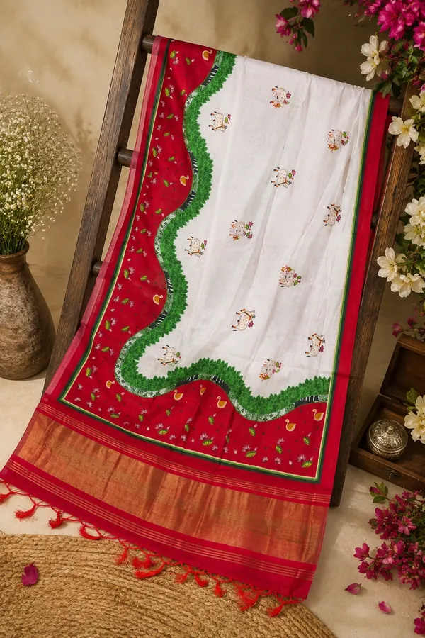 Ivory-&-Cherry-Red-Gaji-Silk-Pichwai-Printed-Dupatta-with-Zari-Border