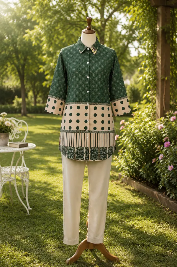 Women’s-Poly-Muslin-Printed-Shirt-|-Bottle-Green-&-Cream-Polka-Dot-Geometric-Print-|-Collared-Button-Down-Shirt-|-3-4-Sleeve