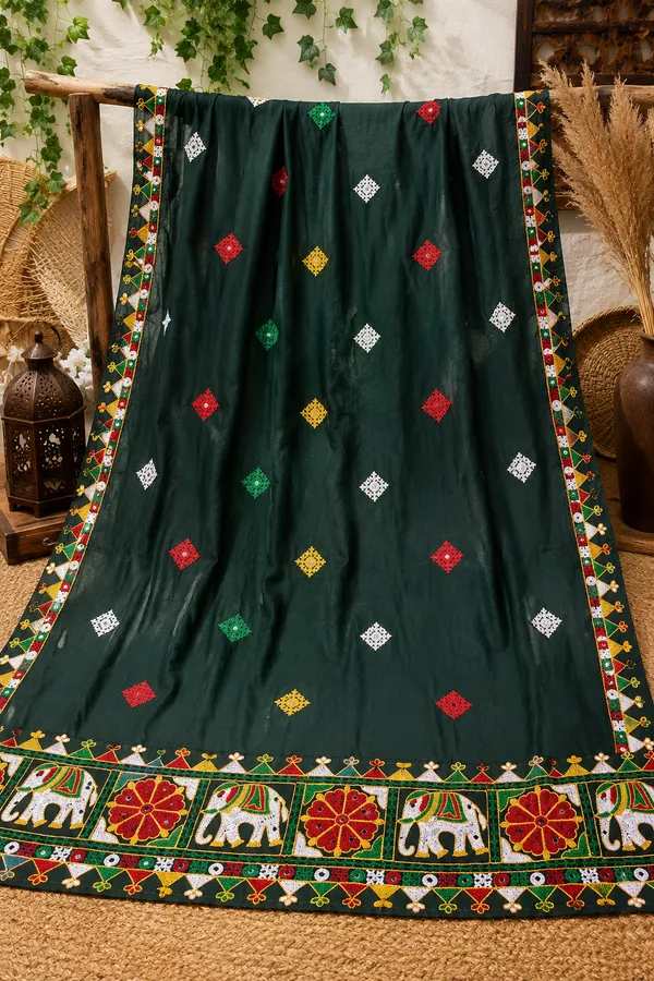 Dark_Green_Chanderi_Embroidered_Elephant_Border_Dupatta.