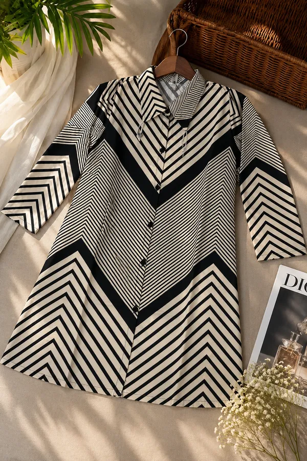 Women’s-Black-&-Ivory-Geometric-Printed-3-4-Sleeve-Poly-Muslin-Shirt-|-Stylish-Casual-Western-Wear