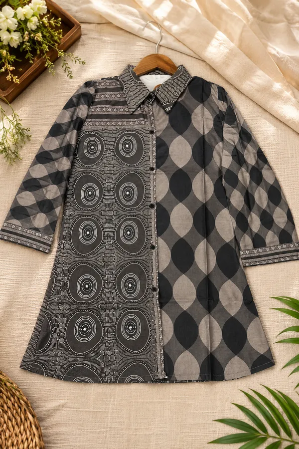 Women’s-Poly-Muslin-Printed-Shirt-|-Charcoal-Black-&-Dove-Grey-Geometric-Print-|-Collared-Button-Down-Shirt-|-3-4-Sleeve