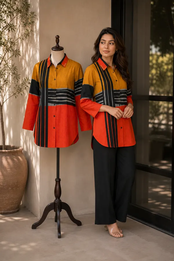 Women’s-Poly-Muslin-Printed-Shirt-|-Mustard-Yellow,-Rust-Orange-&-Black-Color-Block-Shirt-|-Abstract-Striped-Print-|-3-4-Sleeve