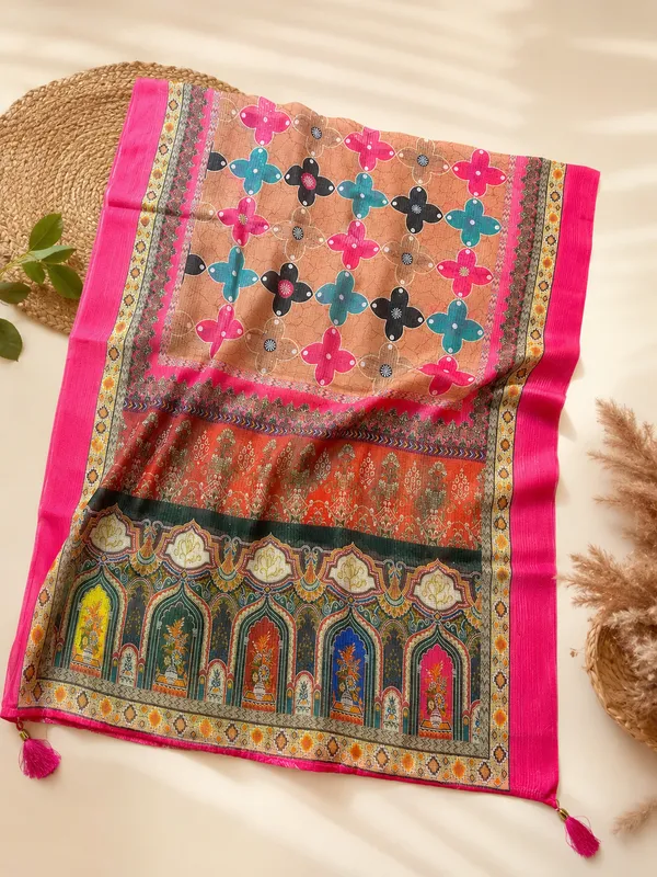 Women_kota_crochet_heritage_digital_print_dupatta-_Camel_brown_&Rani_pink