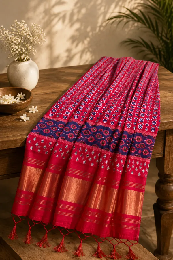 Rani-Pink-&-Royal-Blue-Ajrakh-Printed-Gaji-Silk-Dupatta-with-Zari-Border