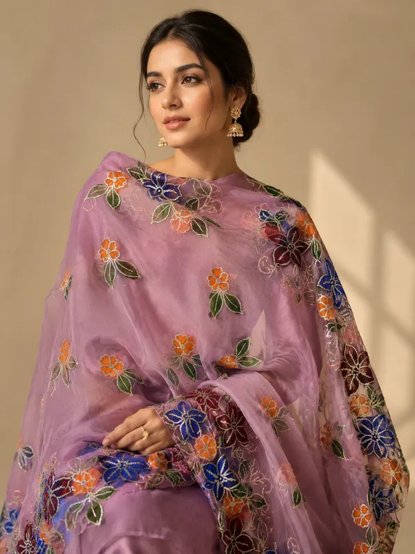 Premium-Lavender-Organza-Dupatta-with-Multicolor-Floral-Embroidery-|-Designer-Party-Wear-|-Lightweight-Luxury-Ethnic-Dupatta-for-Women