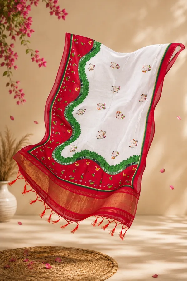 Ivory-&-Cherry-Red-Gaji-Silk-Pichwai-Printed-Dupatta-with-Zari-Border