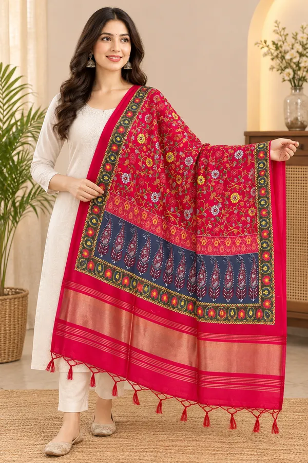 Crimson-Red-Gaji-Silk-Floral-Printed-Dupatta-with-Zari-Border