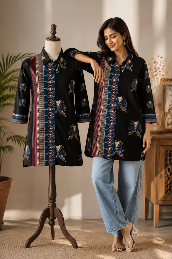 Women’s-Poly-Muslin-Shirt,-Black-Blue-&-Maroon-Printed-Shirt,-Geometric-Abstract-Print,-Collared-Button-Down,-3-4-Sleeve