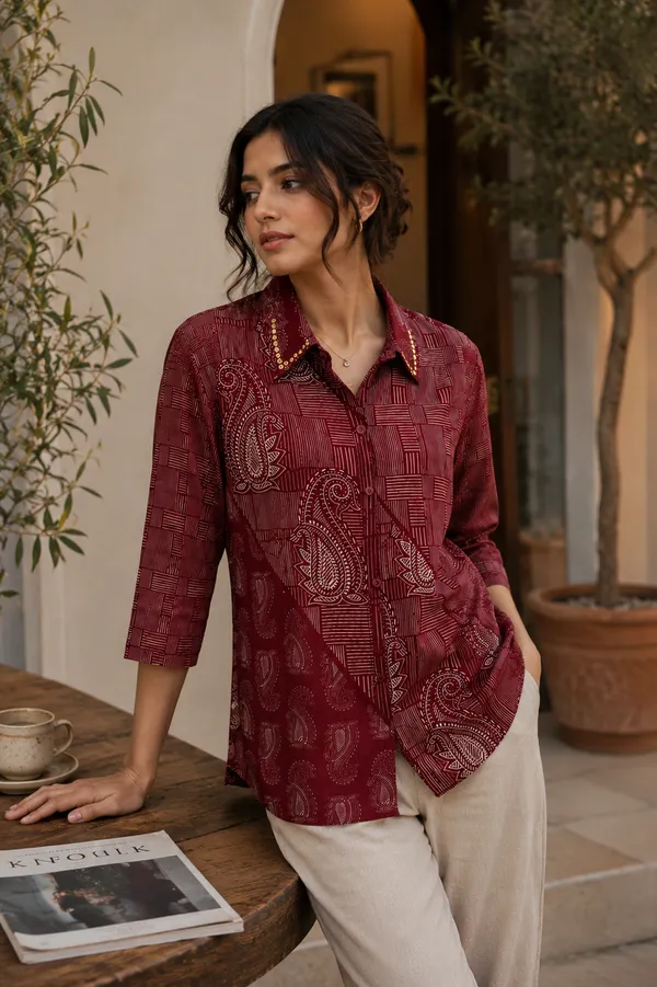 Women’s-Poly-Muslin-Printed-Shirt-|-Wine-Burgundy-Paisley-&-Geometric-Print-|-Collared-Button-Down-Shirt-|-3-4-Sleeve