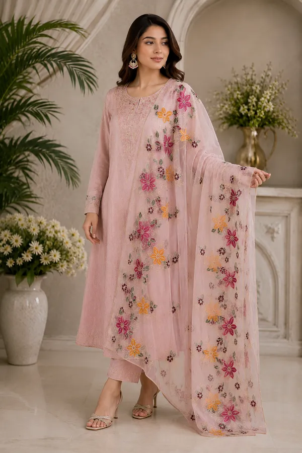 Premium-Blush-Pink-Organza-Dupatta-with-Multicolor-Floral-Embroidery-|-Designer-Party-Wear-|-Lightweight-Luxury-Ethnic-Dupatta-for-Women