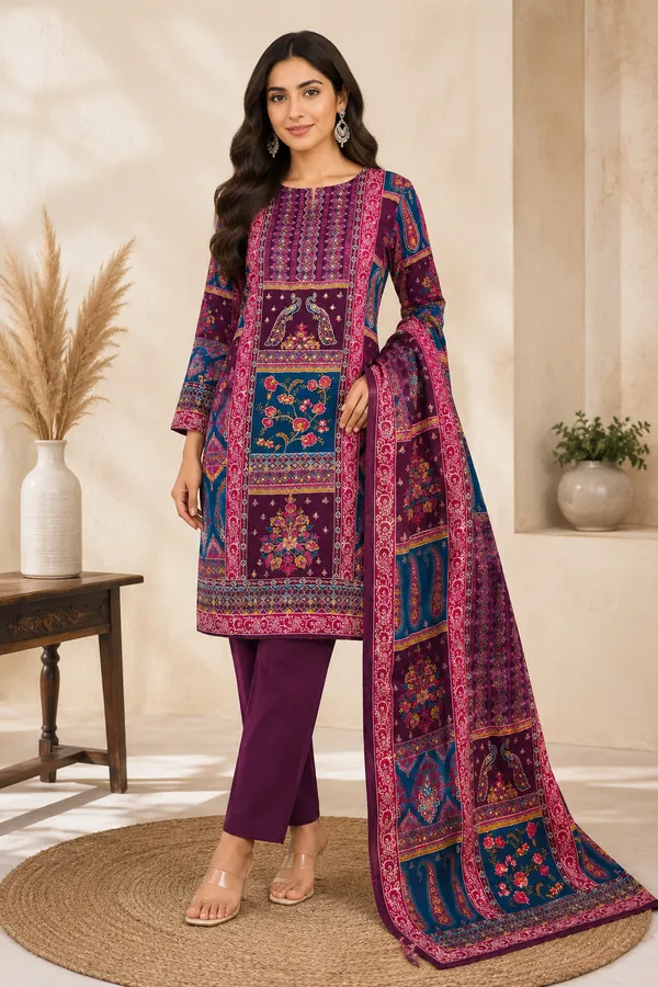 Women’s_Deep_Plum_Purple_Printed_Kurti_with_Bottom_&_Dupatta_Set
