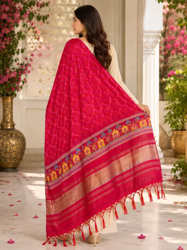 Gaji-Silk-Rani-Pink-Dupatta-for-Women-with-Gold-Zari-&-Traditional-Multicolor-Woven-Border