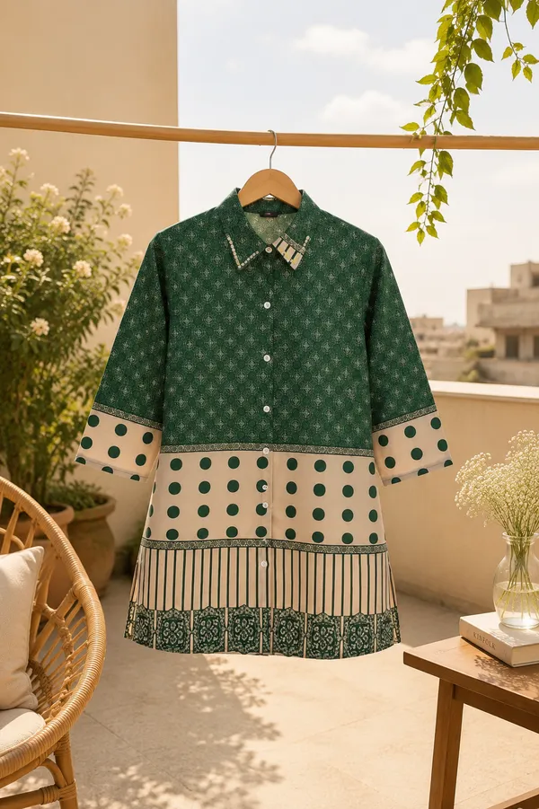 Women’s-Poly-Muslin-Printed-Shirt-|-Bottle-Green-&-Cream-Polka-Dot-Geometric-Print-|-Collared-Button-Down-Shirt-|-3-4-Sleeve