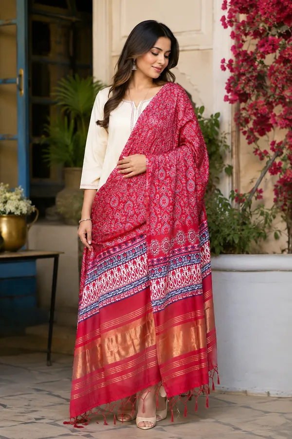 Maroon-Gaji-Silk-Printed-Dupatta-with-Zari-Border