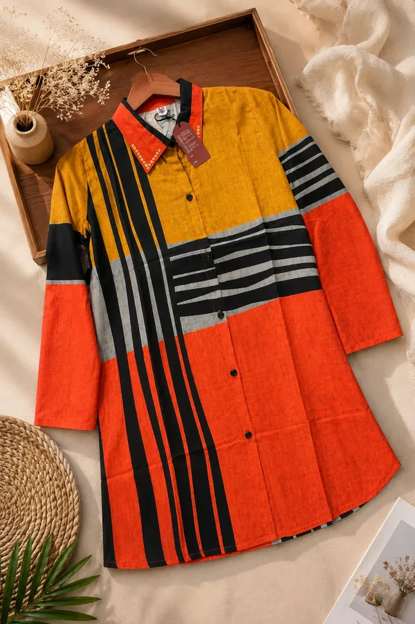 Women’s-Poly-Muslin-Printed-Shirt-|-Mustard-Yellow,-Rust-Orange-&-Black-Color-Block-Shirt-|-Abstract-Striped-Print-|-3-4-Sleeve