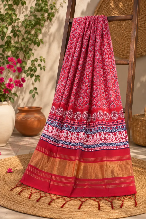 Maroon-Gaji-Silk-Printed-Dupatta-with-Zari-Border