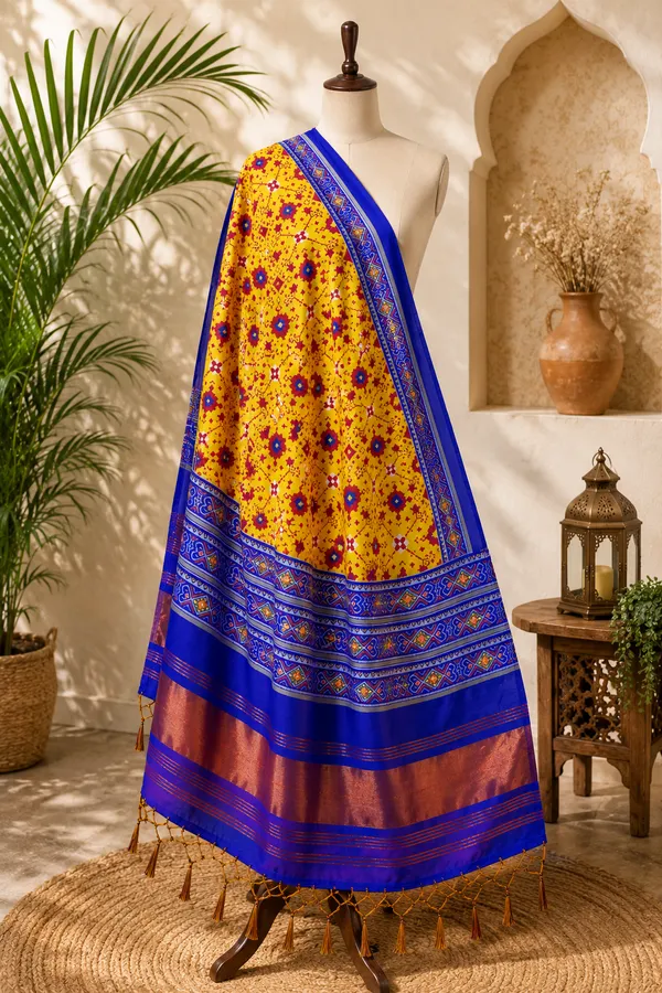 Mustard-Yellow-Gaji-Silk-Patola-Printed-Dupatta-with-Royal-Blue-Zari-Border