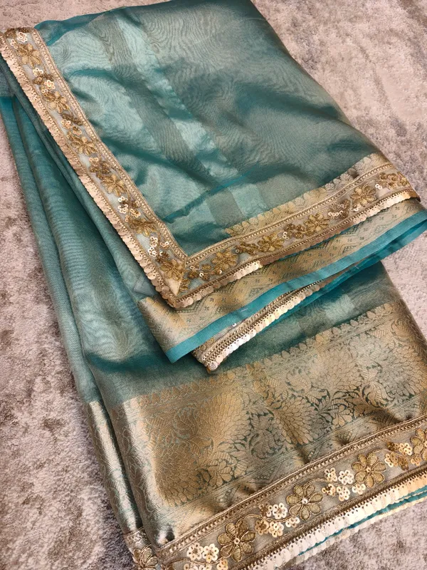 Teal_Tissue_Silk_Floral_Border_Saree_For_Women