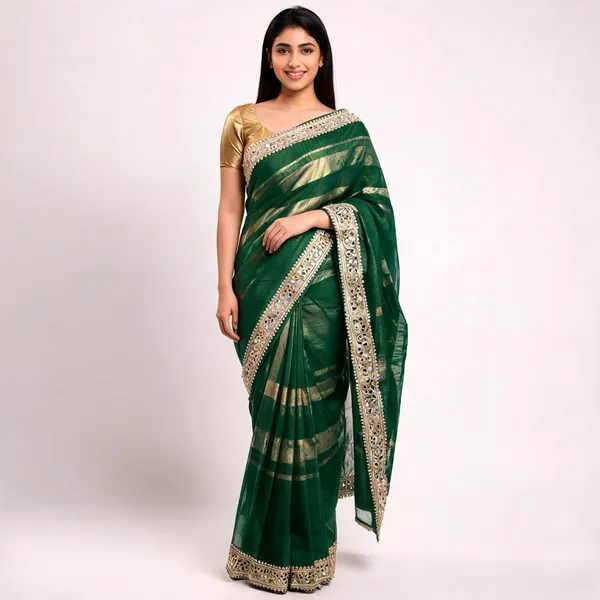 Bottle_Green_Tissue_Silk_Mirror_Work_Banarasi_Saree_For_Women