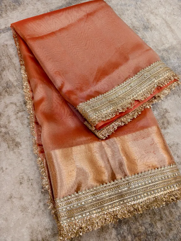 Peach_Tissue_Silk_Embellished_Banarasi_Saree_For_Women