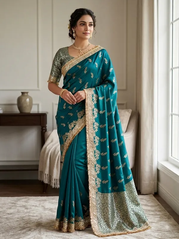 Teal_Satin_Silk_Banarasi_Floral_Saree_For_Women