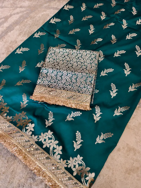 Teal_Satin_Silk_Banarasi_Floral_Saree_For_Women