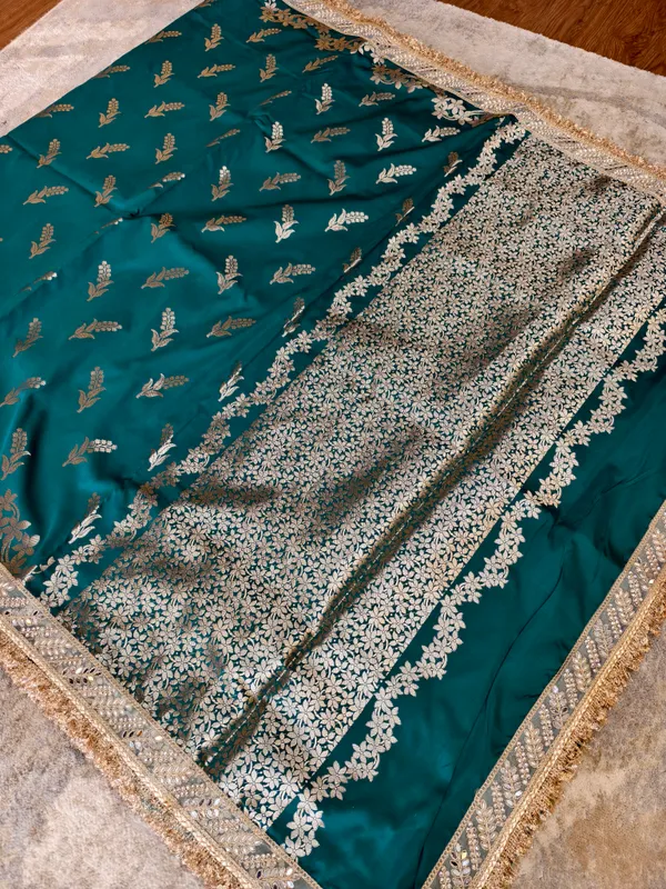 Teal_Satin_Silk_Banarasi_Floral_Saree_For_Women
