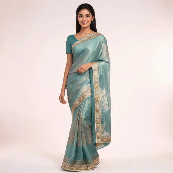 Teal_Tissue_Silk_Floral_Border_Saree_For_Women