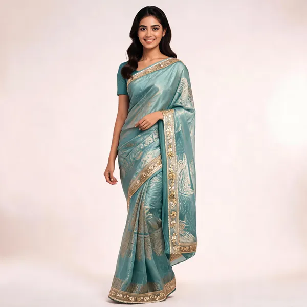 Teal_Tissue_Silk_Floral_Border_Saree_For_Women
