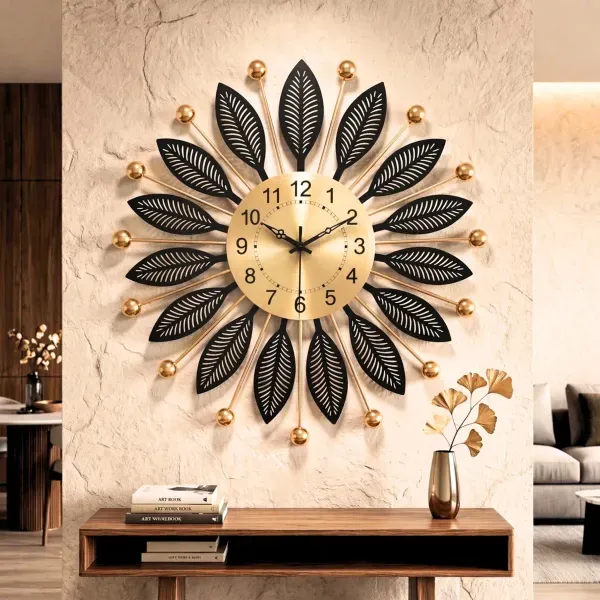 Decorative_Sunburst_Wall_Clock_with_Black_Leaf_Design_-_60cm_Diameter