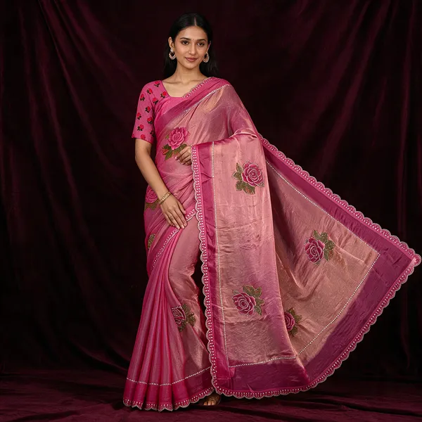 Pink_Cotton_Floral_Print_Scalloped_Border_Saree_For_Women