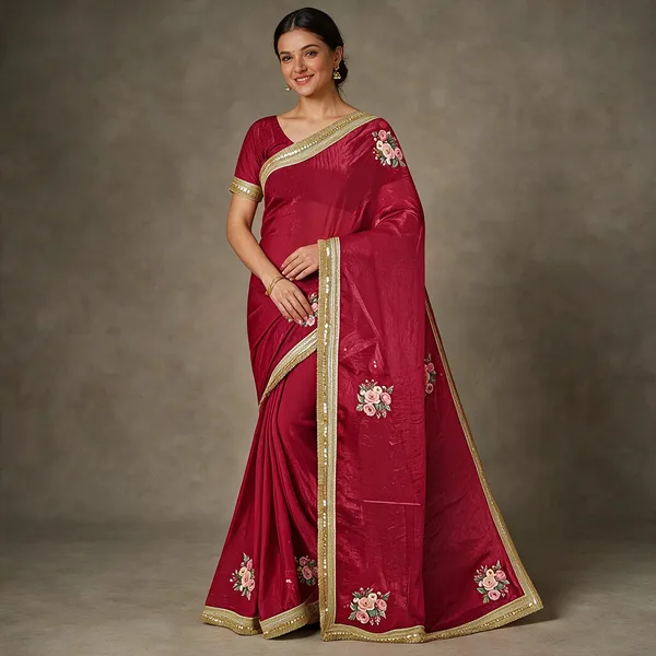 Rose_Pink_Cotton_Floral_Print_Gold_Border_Saree_For_Women