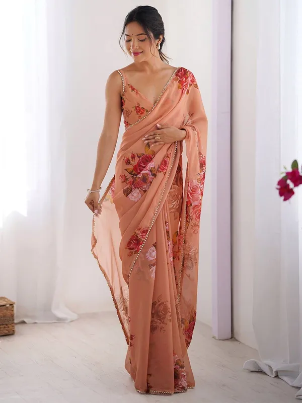 Peach_Cotton_Floral_Print_Saree_For_Women