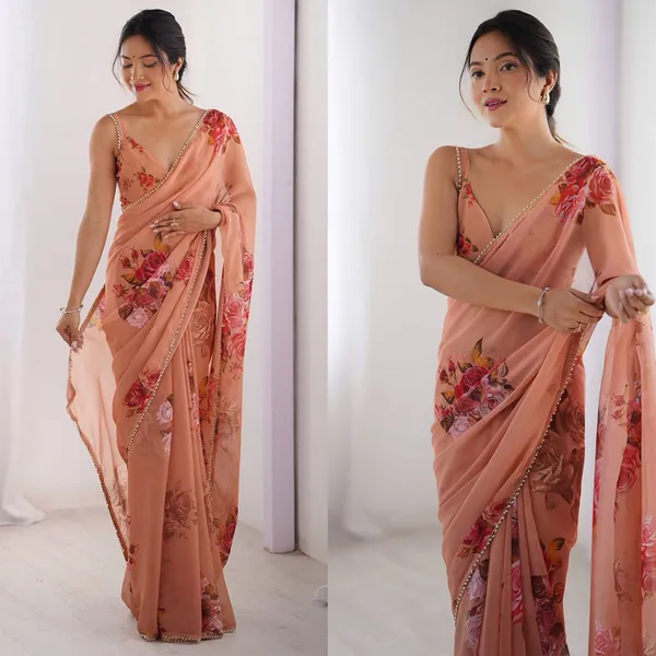 Peach_Cotton_Floral_Print_Saree_For_Women