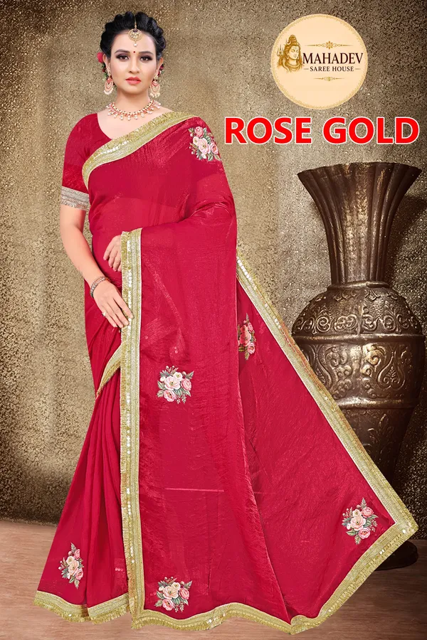 Rose_Pink_Cotton_Floral_Print_Gold_Border_Saree_For_Women