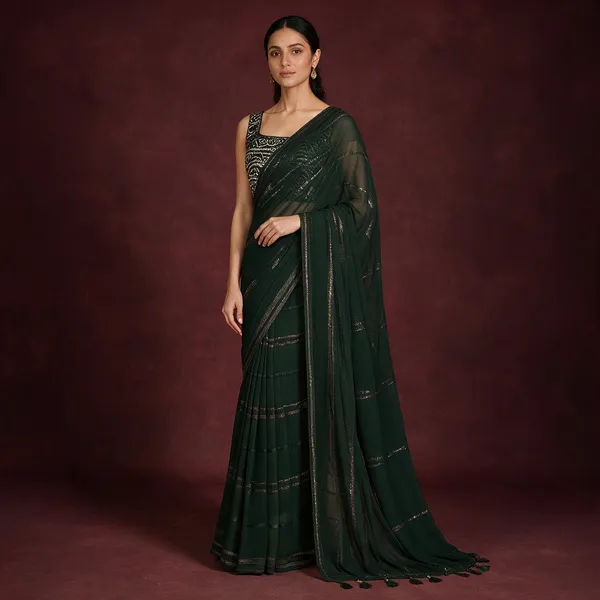Dark_Green_Cotton_Embellished_Saree_For_Women