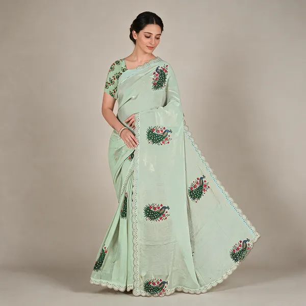 Mint_Green_Cotton_Floral_Peacock_Print_Saree_For_Women