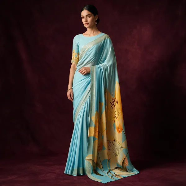 Aqua_Blue_Cotton_Floral_Print_Saree_For_Women