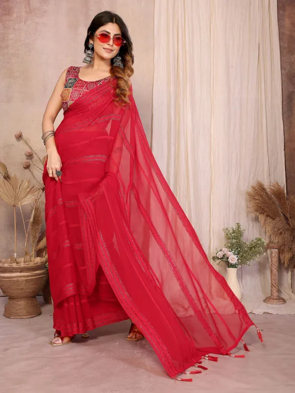 Red_Cotton_Embellished_Tassel_Border_Saree_For_Women