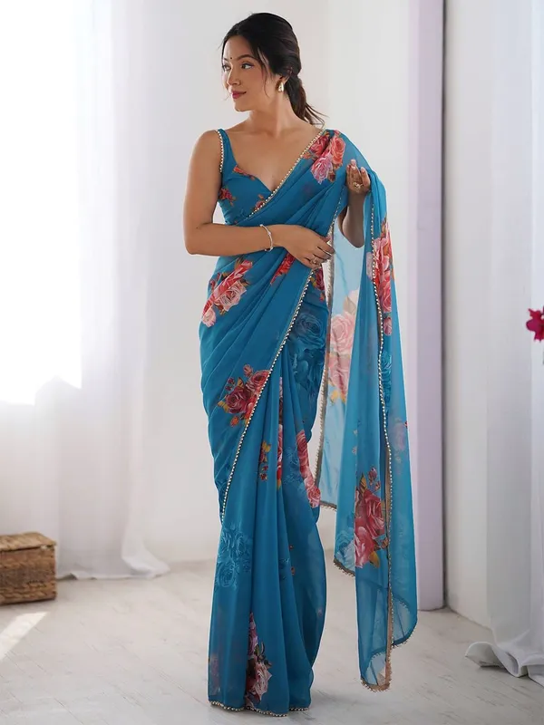 Blue_Cotton_Floral_Print_Saree_For_Women
