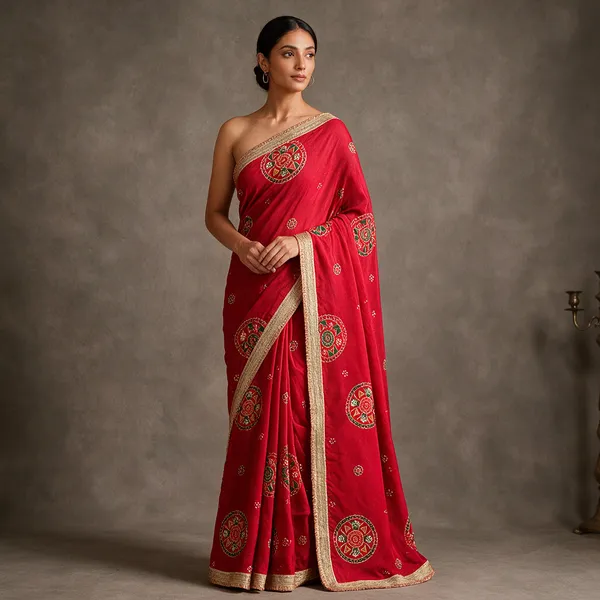 Red_Cotton_Printed_Gold_Border_Saree_For_Women