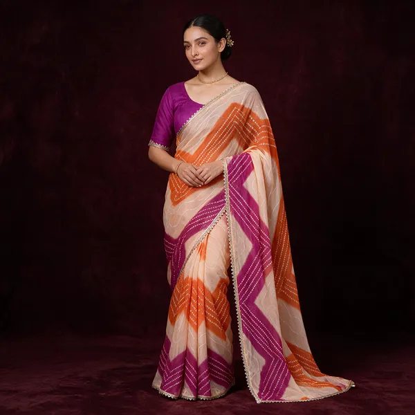 Orange_Magenta_Cotton_Geometric_Dotted_Print_Saree_For_Women