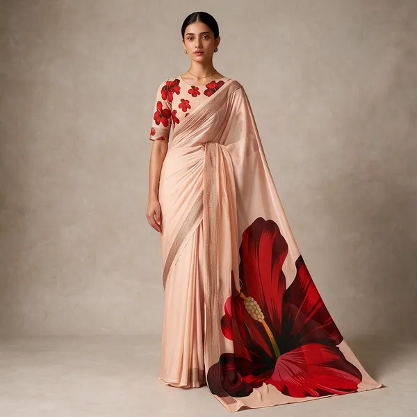 Peach_Cotton_Floral_Print_Saree_For_Women