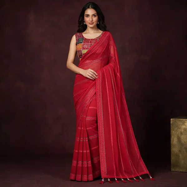 Red_Cotton_Embellished_Tassel_Border_Saree_For_Women