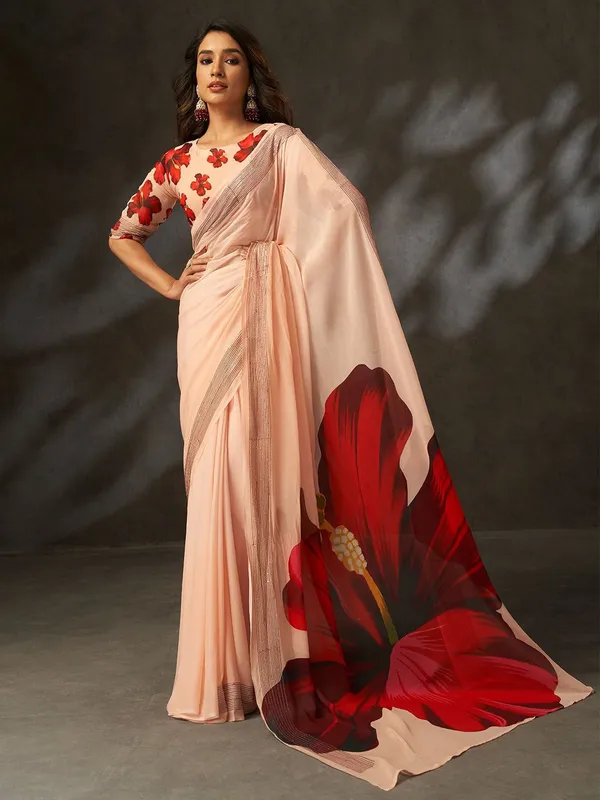 Peach_Cotton_Floral_Print_Saree_For_Women