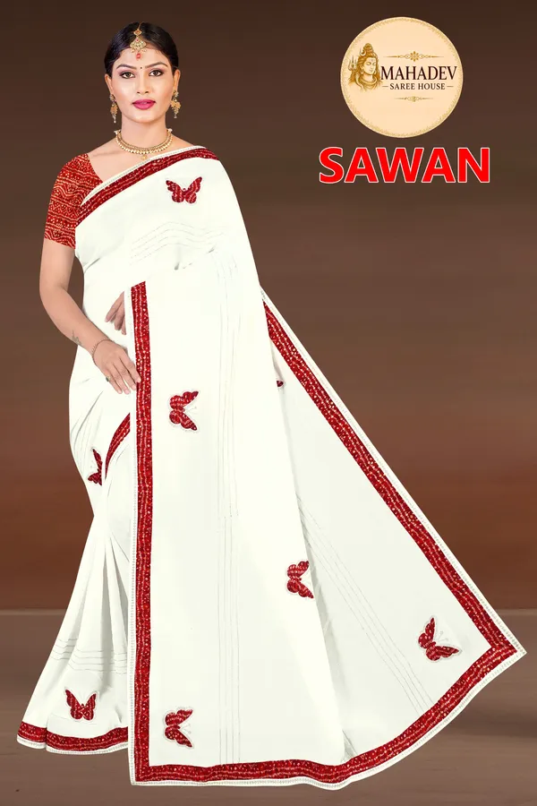 White_Cotton_Butterfly_Print_Red_Border_Saree_For_Women