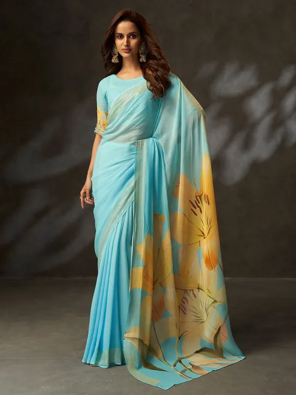 Aqua_Blue_Cotton_Floral_Print_Saree_For_Women