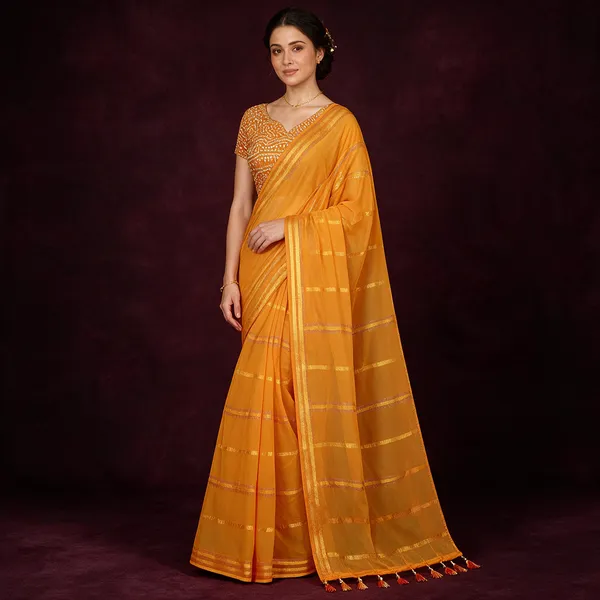 Yellow_Cotton_Striped_Saree_For_Women